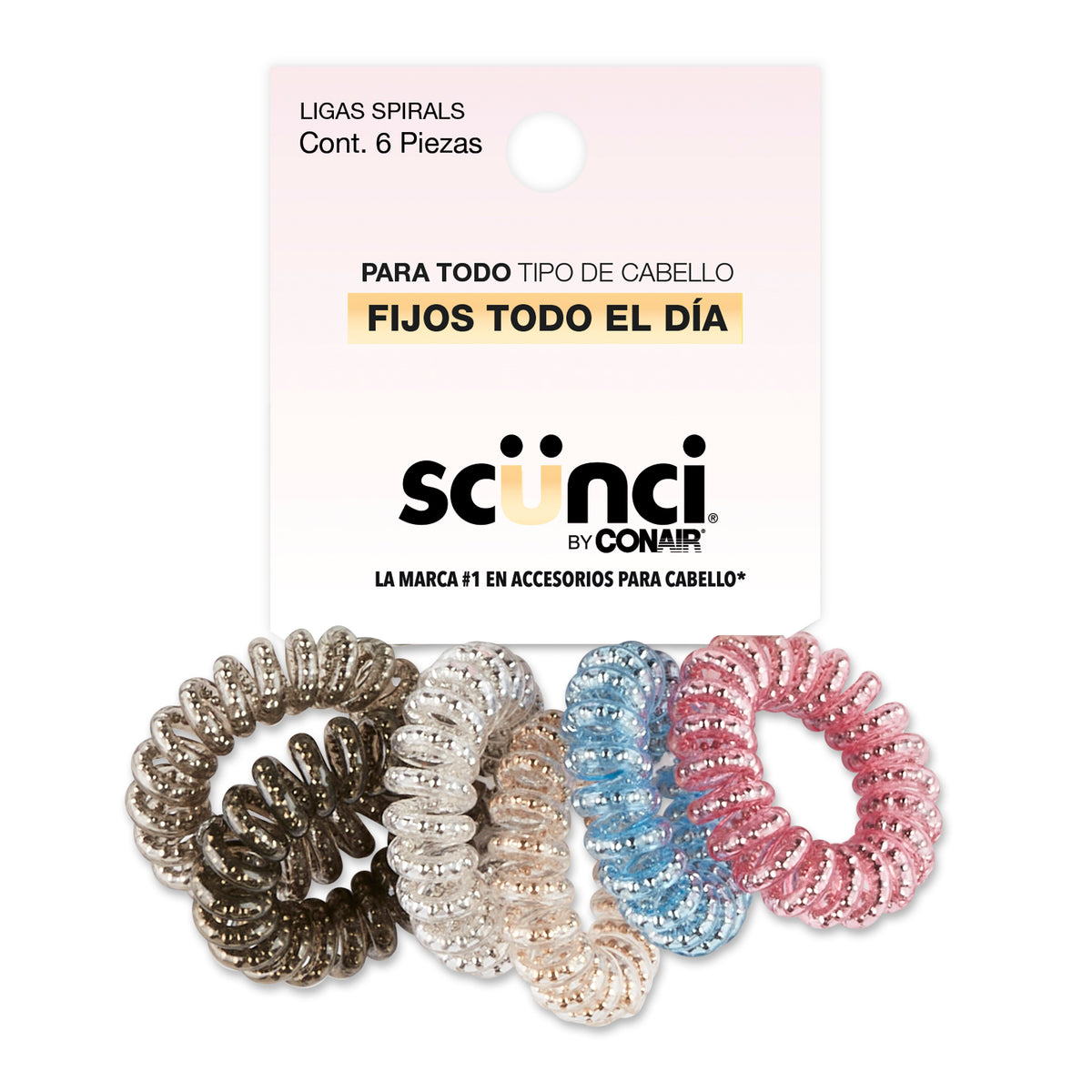 LIGAS ELASTICAS SPIRALS MULTICOLOR 6 PIEZAS - SCUNCI