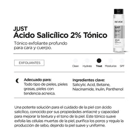 TÓNICO CLARIFICANTE EXFOLIANTE CON ÁCIDO SALICÍLICO 2% CLARIFYING TONER JUST - REVOX B77