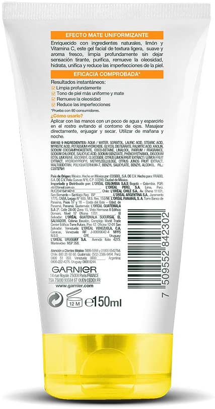 SKIN ACTIVE GEL DE LIMPIEZA EXPRESS ACLARA CON VITAMINA C - GARNIER 1