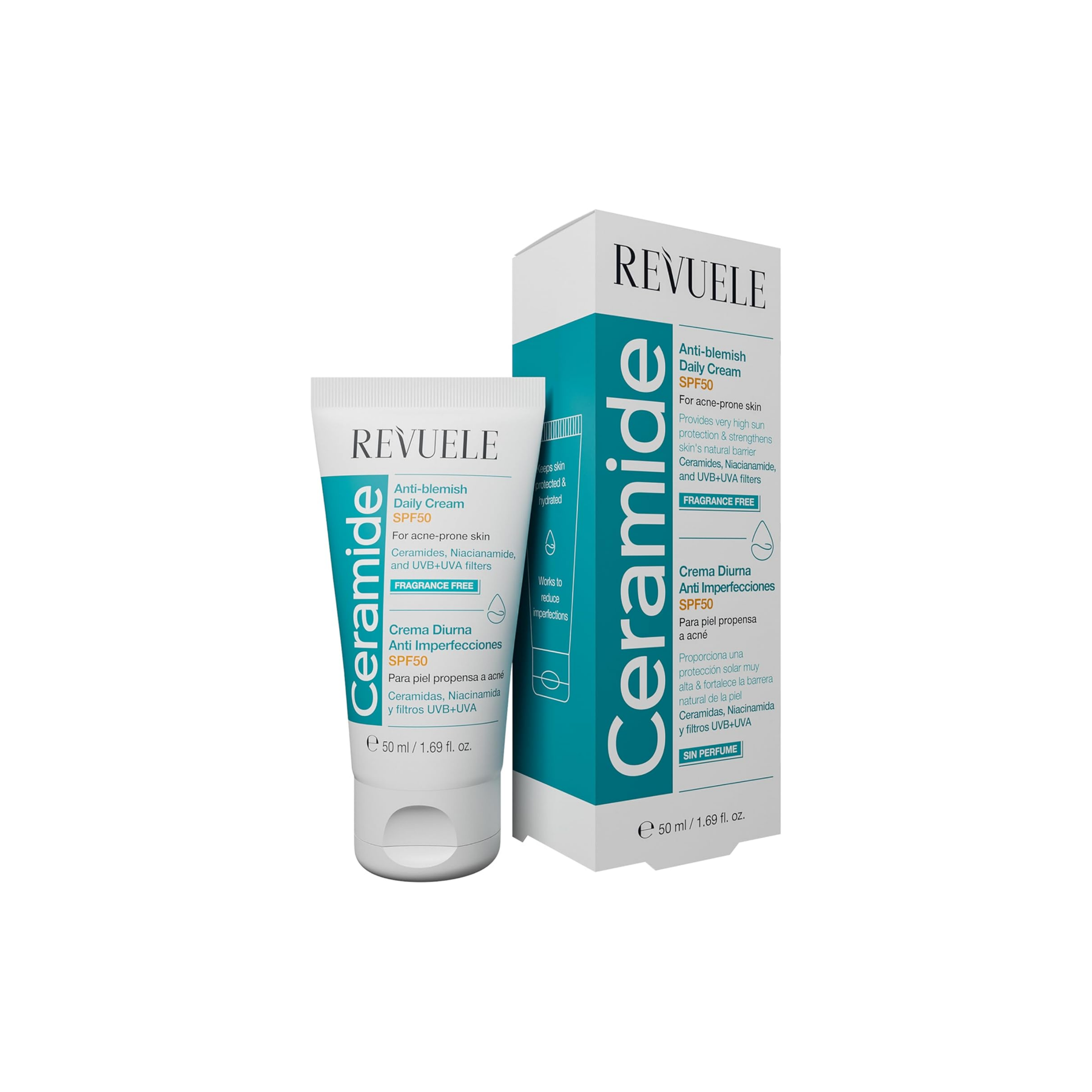 CERAMIDE CREMA HIDRATANTE FACIAL ANTI IMPERFECCIONES SPF50 - REVUELE