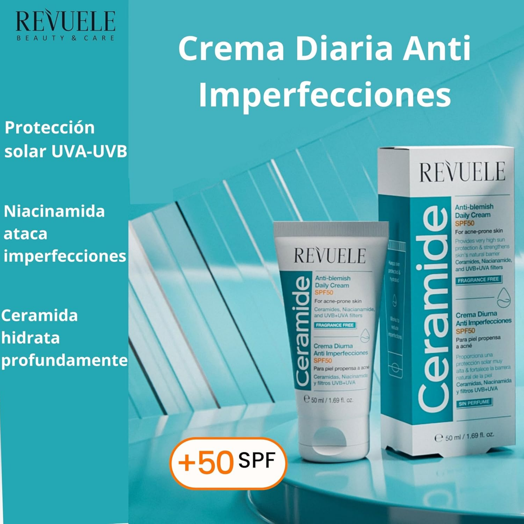 CERAMIDE CREMA HIDRATANTE FACIAL ANTI IMPERFECCIONES SPF50 - REVUELE