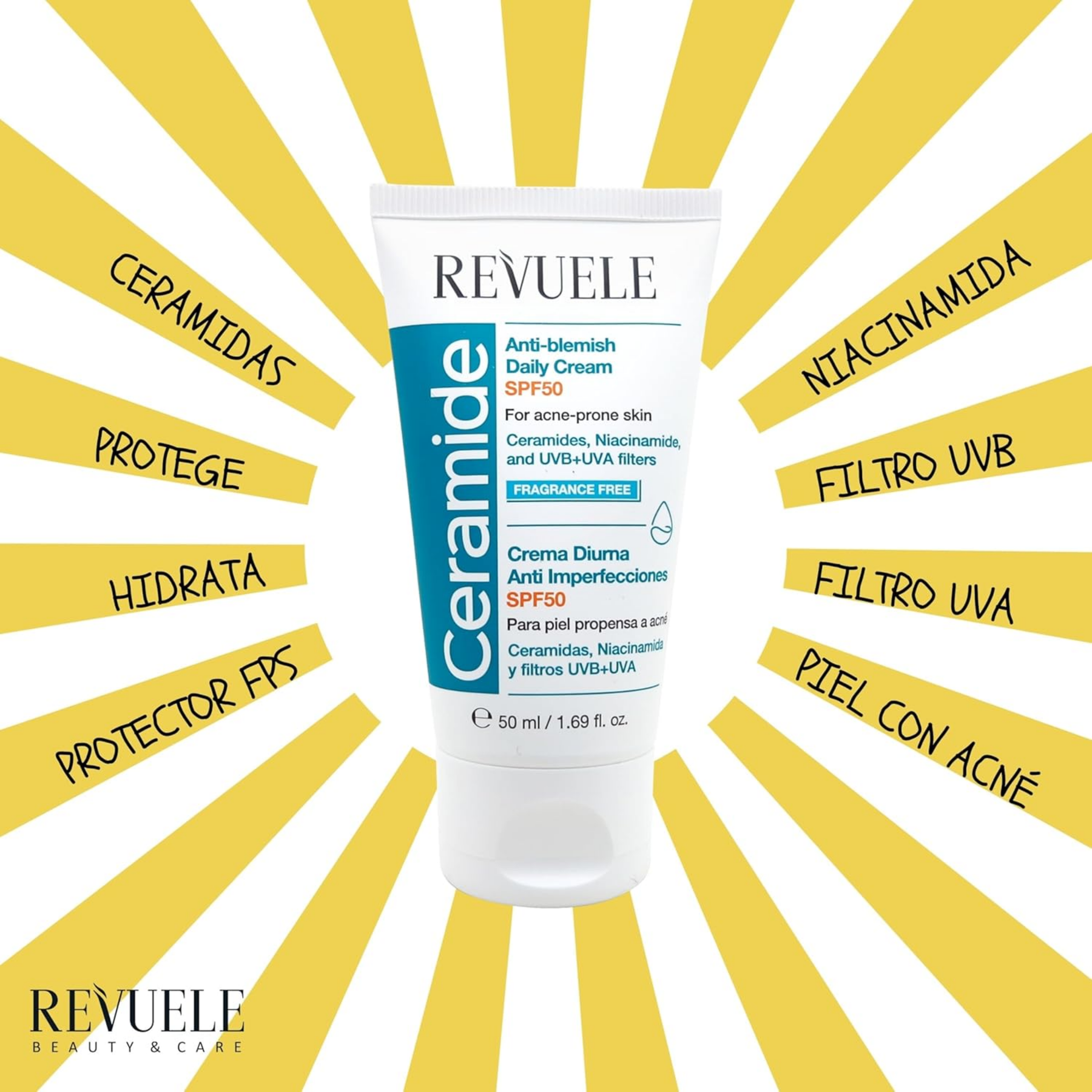 CERAMIDE CREMA HIDRATANTE FACIAL ANTI IMPERFECCIONES SPF50 - REVUELE