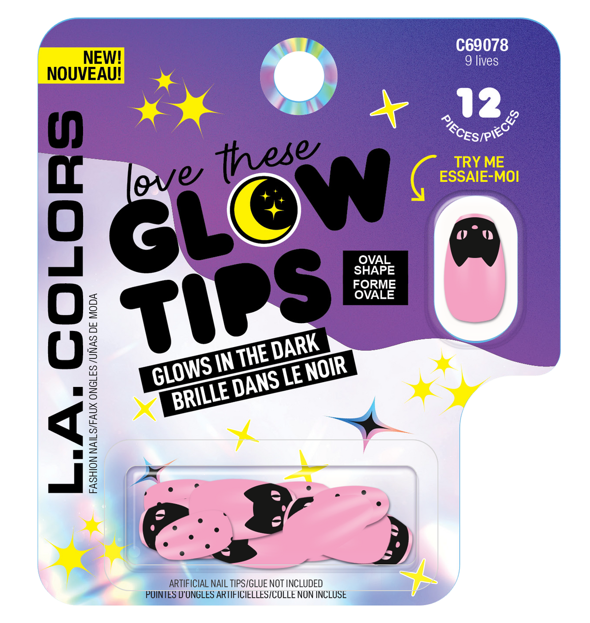 UÑAS POSTIZAS GLOW IN THE DARK NAIL TIP OVAL 9 LIVES - LA COLORS