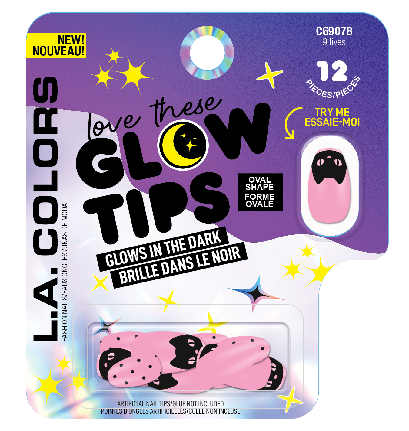 UÑAS POSTIZAS GLOW IN THE DARK NAIL TIP OVAL 9 LIVES - LA COLORS