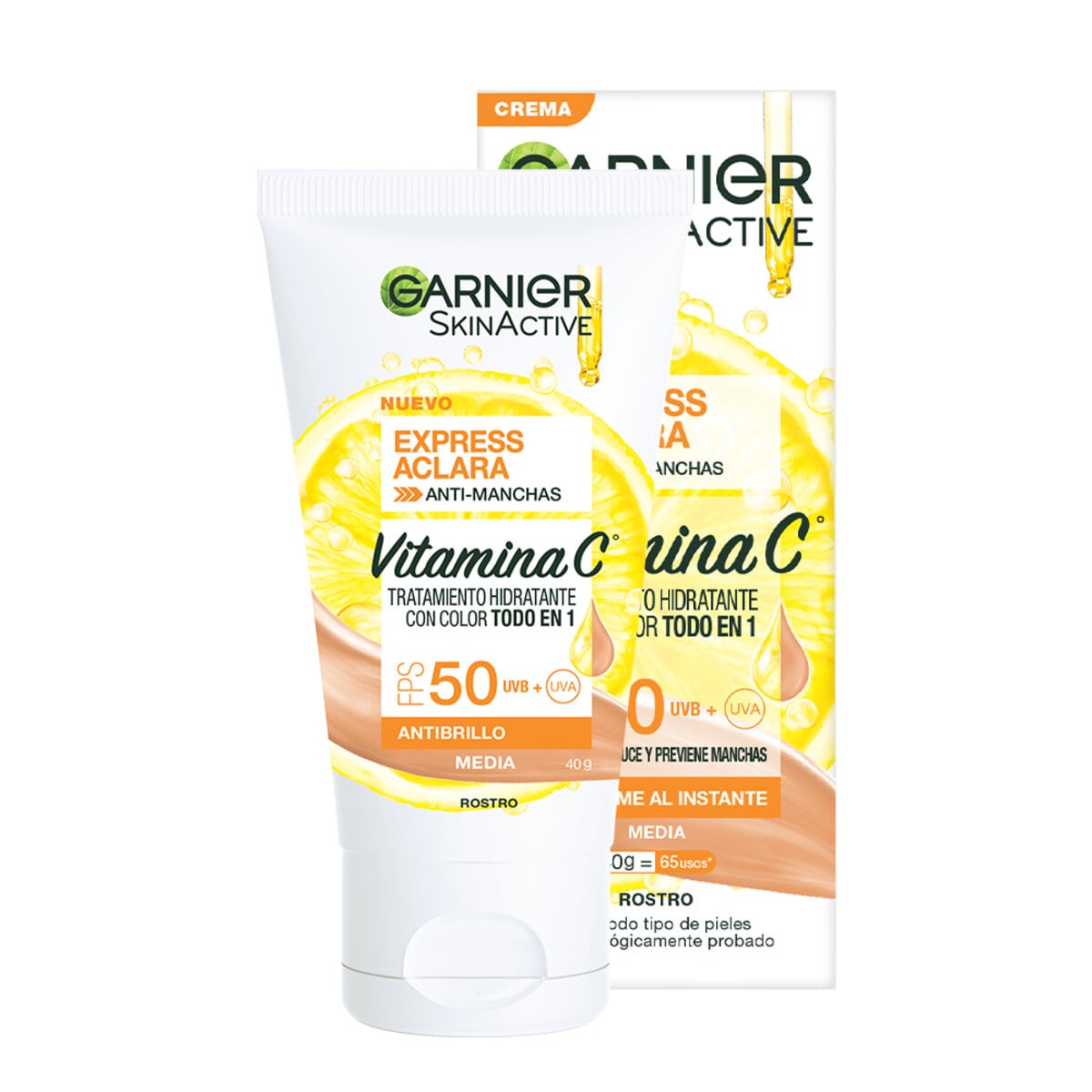 GARNIER SKIN ACTIVE EXPRESS ACLARA TRATAMIENTO HIDRATANTE CON COLOR TODO EN UNO TONO MEDIO 40ML - GARNIER